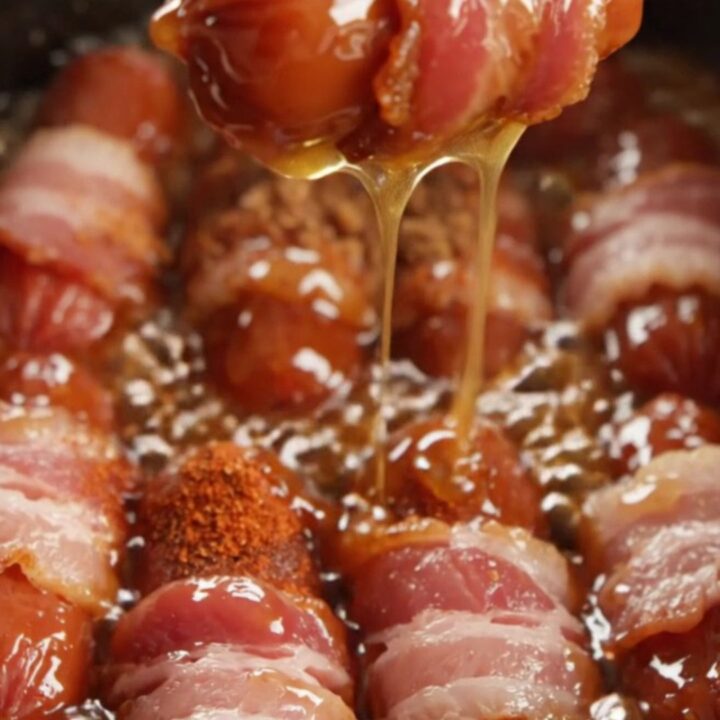 A deep crimson crockpot filled with sticky, candied bacon-wrapped cocktail sausages under warm lighting.