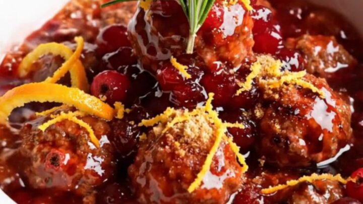 A ruby-glazed turkey meatball being lifted from a ceramic slow cooker with citrus glaze dripping.