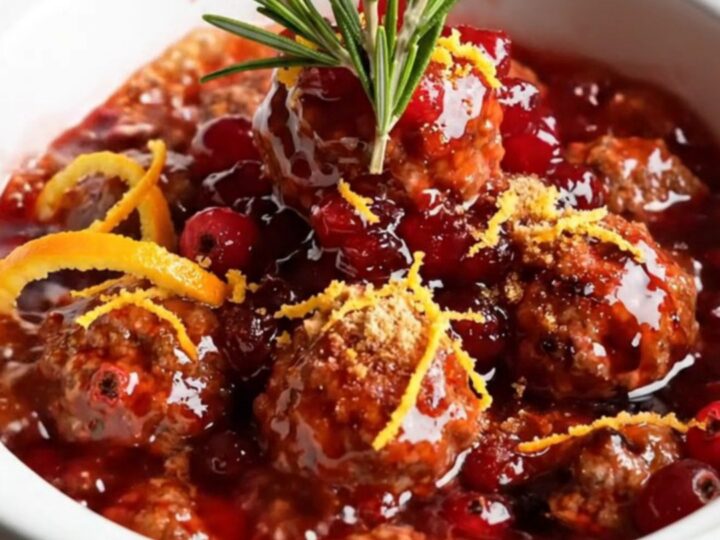 A ruby-glazed turkey meatball being lifted from a ceramic slow cooker with citrus glaze dripping.