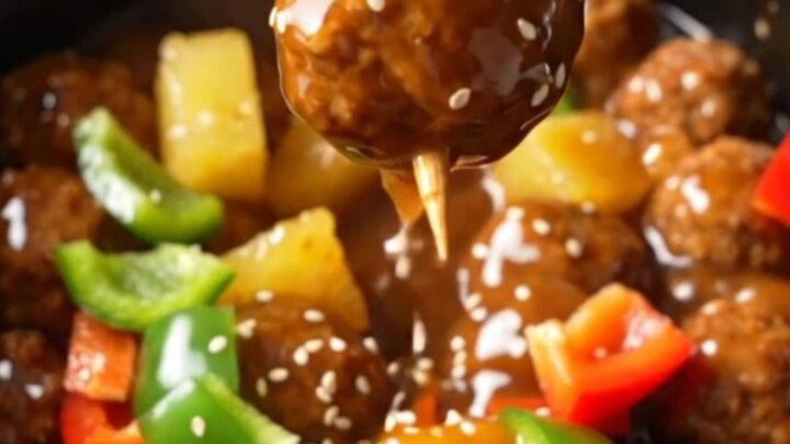 A close-up of glossy sweet and sour Hawaiian meatballs with pineapple and peppers in a black slow cooker.