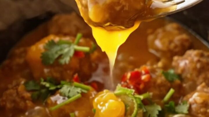 A close-up shot of glossy, golden-orange glazed chicken meatballs in a ceramic slow cooker.
