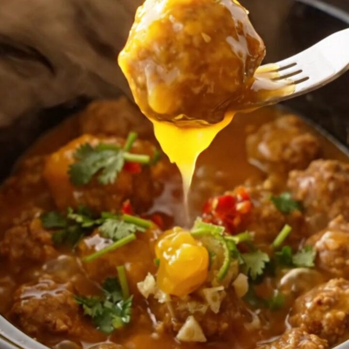 A close-up shot of glossy, golden-orange glazed chicken meatballs in a ceramic slow cooker.