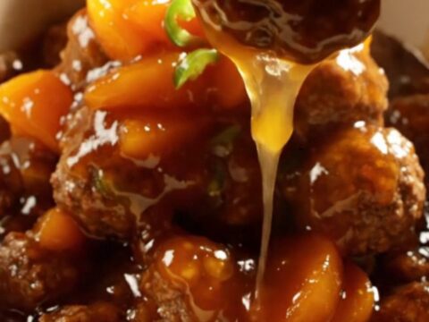 A close-up of golden-amber glazed meatballs in a cream stoneware crockpot, with fruit-studded BBQ sauce dripping down.