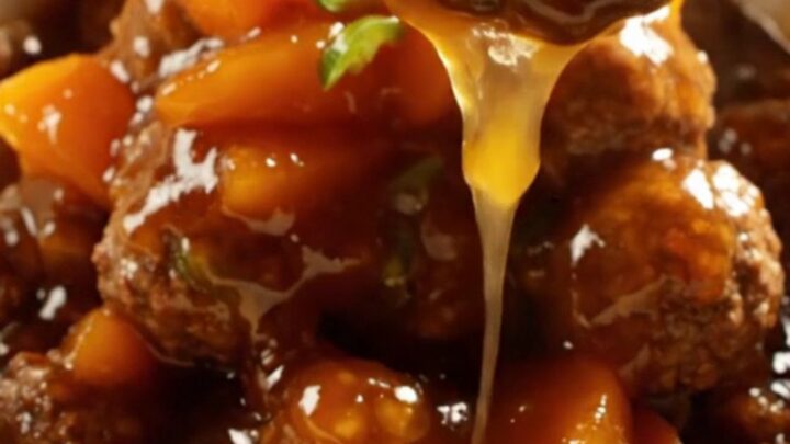 A close-up of golden-amber glazed meatballs in a cream stoneware crockpot, with fruit-studded BBQ sauce dripping down.