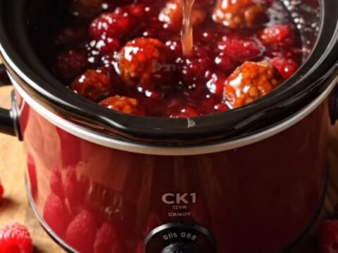 Extreme close-up of a glossy, deep-ruby chipotle raspberry meatball being lifted from a ceramic slow cooker.