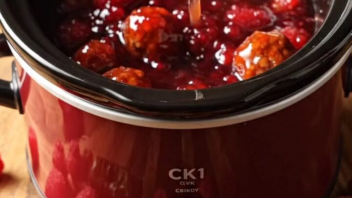 Extreme close-up of a glossy, deep-ruby chipotle raspberry meatball being lifted from a ceramic slow cooker.