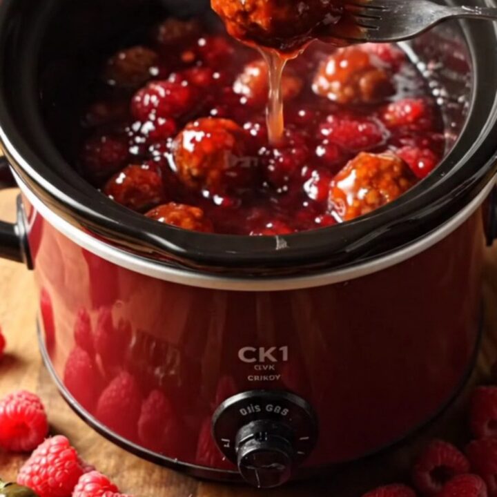 Extreme close-up of a glossy, deep-ruby chipotle raspberry meatball being lifted from a ceramic slow cooker.
