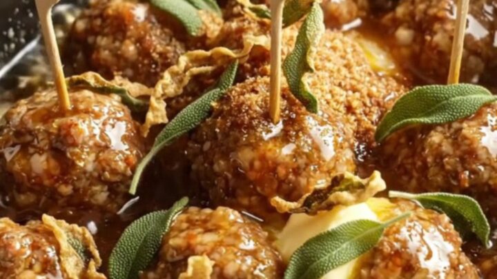 A ceramic slow cooker filled with amber-glazed pork meatballs garnished with fresh sage leaves.