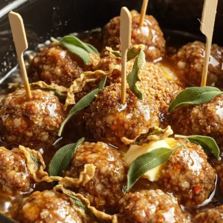 A ceramic slow cooker filled with amber-glazed pork meatballs garnished with fresh sage leaves.
