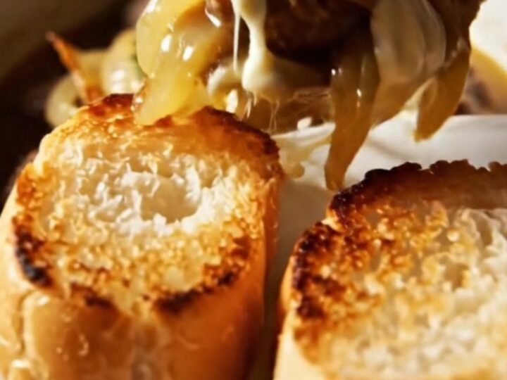 A close-up of tender beef meatballs in a ceramic slow cooker, topped with melted, gooey Gruyere cheese and fresh thyme.