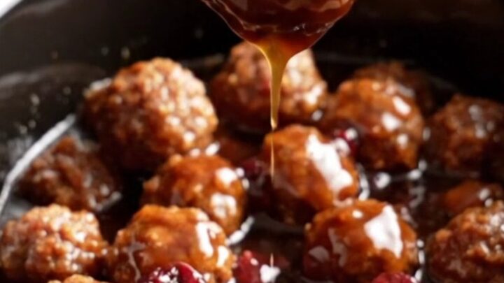 A close-up of glossy, dark mahogany-glazed meatballs in a cherry-red ceramic slow cooker.