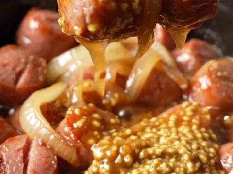 A close-up shot of bratwurst coins in a rich, glossy mustard glaze inside a rustic stoneware slow cooker.