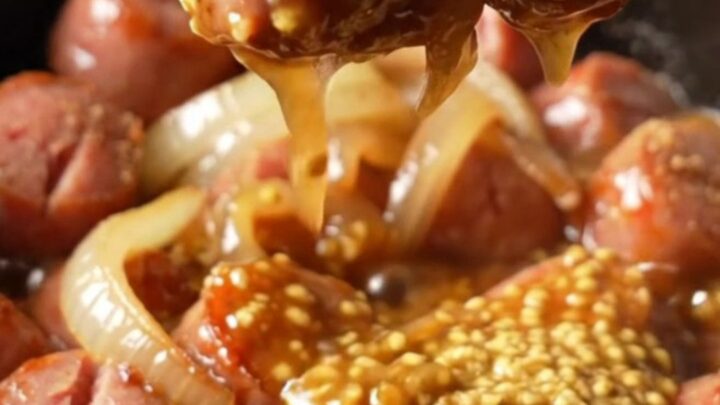 A close-up shot of bratwurst coins in a rich, glossy mustard glaze inside a rustic stoneware slow cooker.