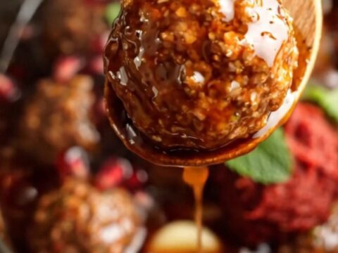 A close-up of pomegranate and harissa glazed lamb meatballs in a terracotta crockpot, garnished with fresh mint and arils.