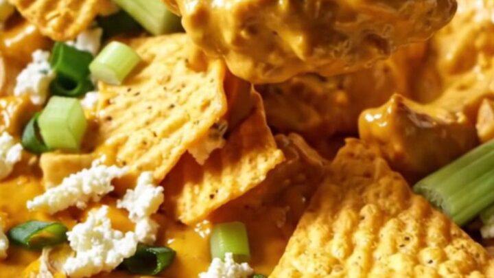 A close-up of a ridge-cut tortilla chip being dipped into a creamy, bubbling buffalo chicken dip in a white ceramic crockpot.