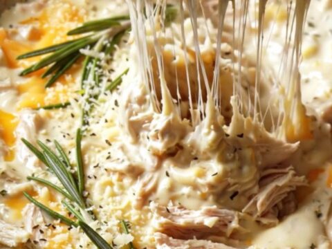 A close-up of a creamy garlic Parmesan buffalo chicken dip in a ceramic crockpot with a cheese pull.