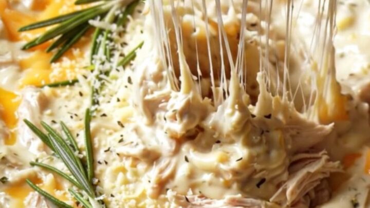 A close-up of a creamy garlic Parmesan buffalo chicken dip in a ceramic crockpot with a cheese pull.