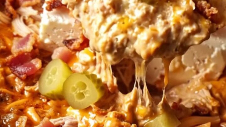 A cinematic close-up of a chip being dipped into a creamy, fiery red chicken dip inside a red ceramic slow cooker.