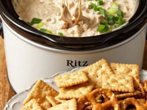 A close-up shot of a buttery cracker being dipped into a creamy, bubbling Crockpot chicken dip with bacon.