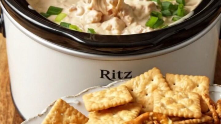 A close-up shot of a buttery cracker being dipped into a creamy, bubbling Crockpot chicken dip with bacon.