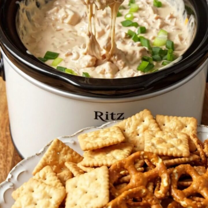 A close-up shot of a buttery cracker being dipped into a creamy, bubbling Crockpot chicken dip with bacon.