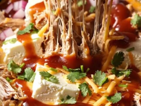 A dark bronze ceramic slow cooker filled with creamy BBQ pulled chicken dip topped with cilantro.