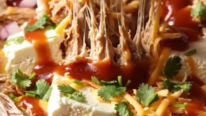 A dark bronze ceramic slow cooker filled with creamy BBQ pulled chicken dip topped with cilantro.