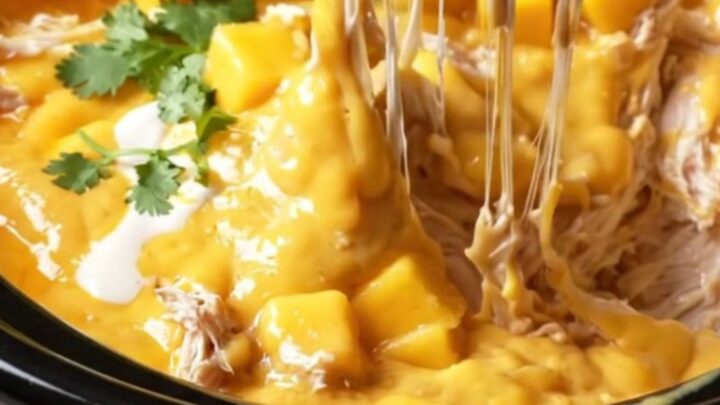 A close-up view of a lime tortilla chip plunging into a creamy, orange-gold Crockpot chicken dip with visible mango chunks.