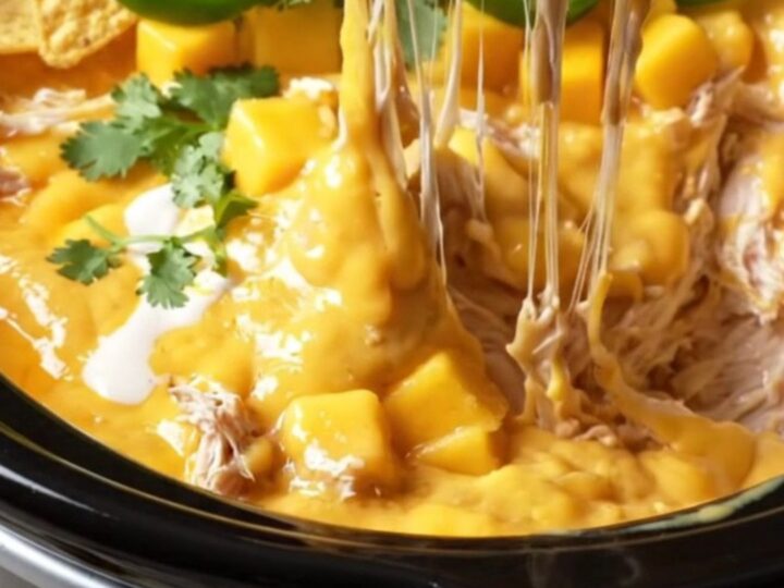 A close-up view of a lime tortilla chip plunging into a creamy, orange-gold Crockpot chicken dip with visible mango chunks.