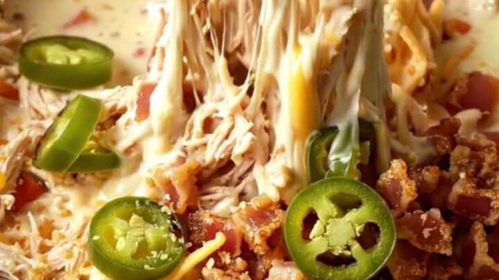 A warm ceramic slow cooker filled with creamy jalapeño popper chicken dip topped with crispy panko and jalapeño slices.
