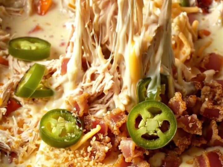 A warm ceramic slow cooker filled with creamy jalapeño popper chicken dip topped with crispy panko and jalapeño slices.