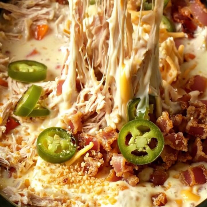A warm ceramic slow cooker filled with creamy jalapeño popper chicken dip topped with crispy panko and jalapeño slices.