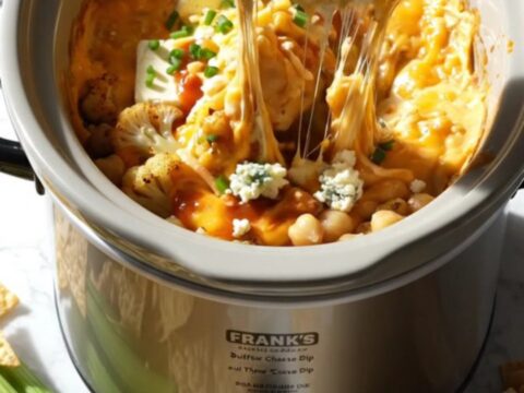 A close-up shot of a pita chip being dipped into a bubbling, cheesy buffalo cauliflower dip in a slow cooker.