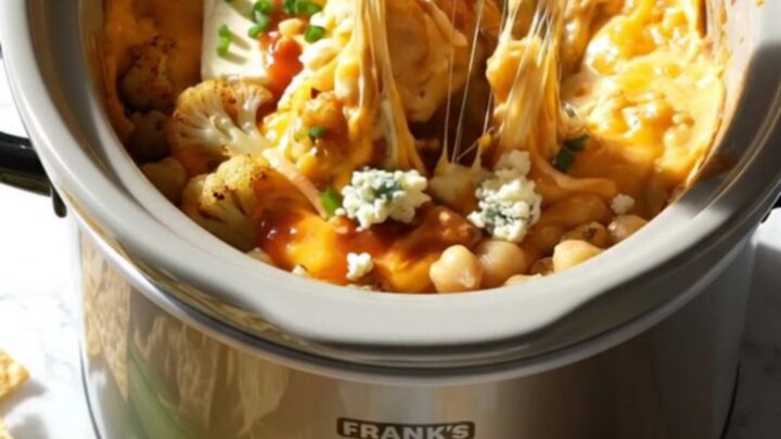 A close-up shot of a pita chip being dipped into a bubbling, cheesy buffalo cauliflower dip in a slow cooker.