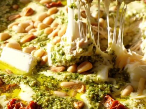 A close-up of a rustic ceramic slow cooker filled with creamy pesto chicken dip, topped with pine nuts and fresh herbs.