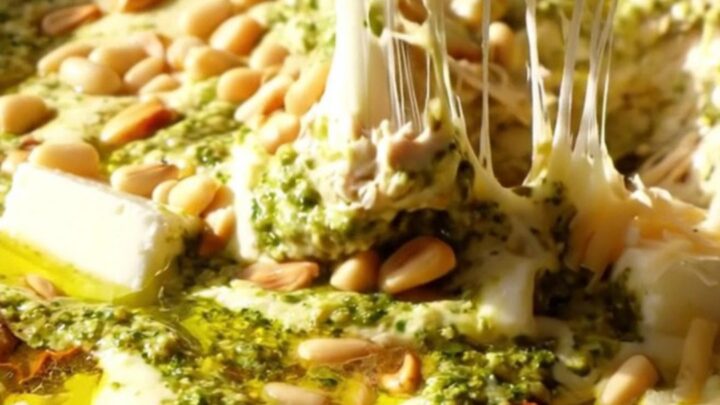 A close-up of a rustic ceramic slow cooker filled with creamy pesto chicken dip, topped with pine nuts and fresh herbs.
