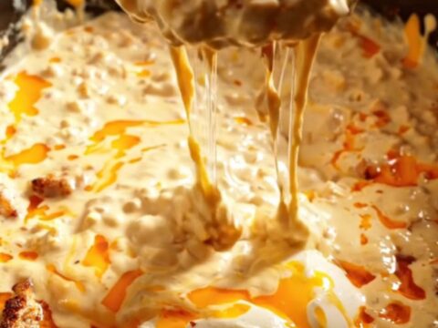 A warm ceramic Crockpot filled with creamy Cajun Blackened Chicken and Pepper Jack dip on a rustic kitchen counter.