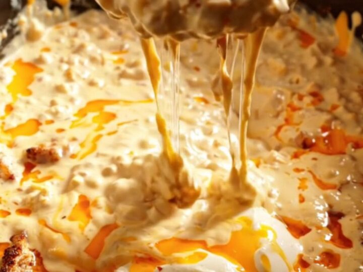 A warm ceramic Crockpot filled with creamy Cajun Blackened Chicken and Pepper Jack dip on a rustic kitchen counter.