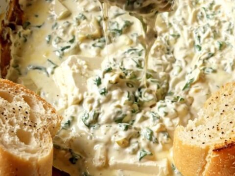 A close-up of a toasted baguette slice being dipped into a creamy