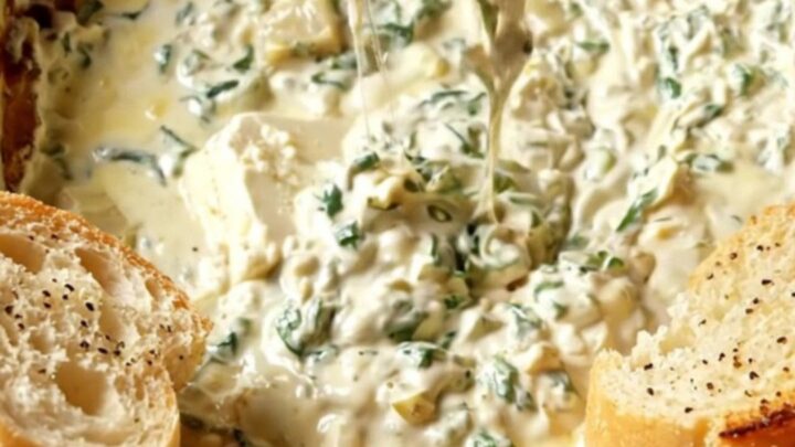 A close-up of a toasted baguette slice being dipped into a creamy