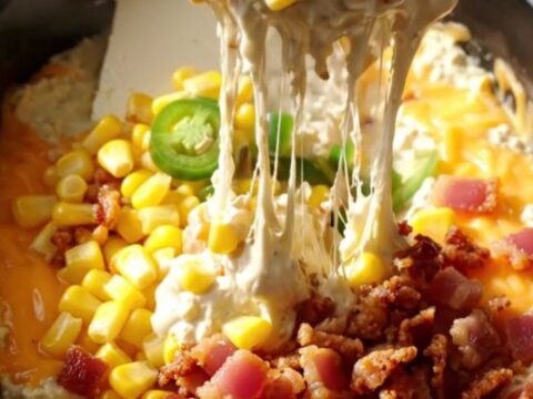 A close-up of a scoop of creamy jalapeño corn dip being lifted from a black slow cooker with a tortilla chip.