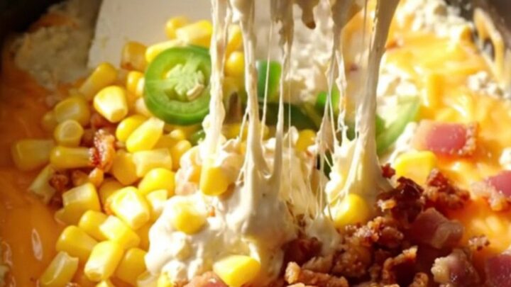 A close-up of a scoop of creamy jalapeño corn dip being lifted from a black slow cooker with a tortilla chip.