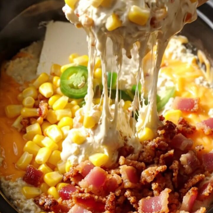 A close-up of a scoop of creamy jalapeño corn dip being lifted from a black slow cooker with a tortilla chip.