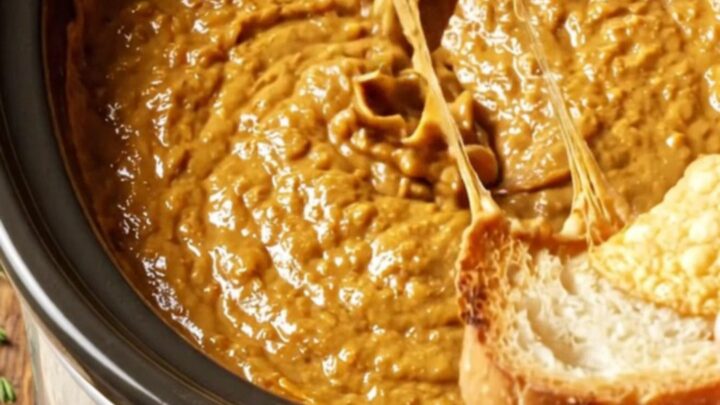 A close-up shot of a toasted baguette dipped into a bubbling, golden-brown French onion and Gruyere dip.