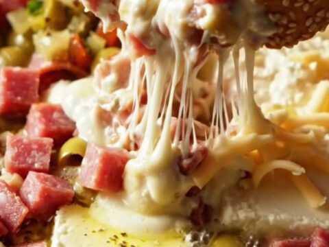 A close-up of a warm, bubbling Muffuletta dip in a white ceramic slow cooker with a long, gooey provolone cheese pull.