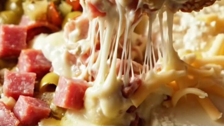 A close-up of a warm, bubbling Muffuletta dip in a white ceramic slow cooker with a long, gooey provolone cheese pull.