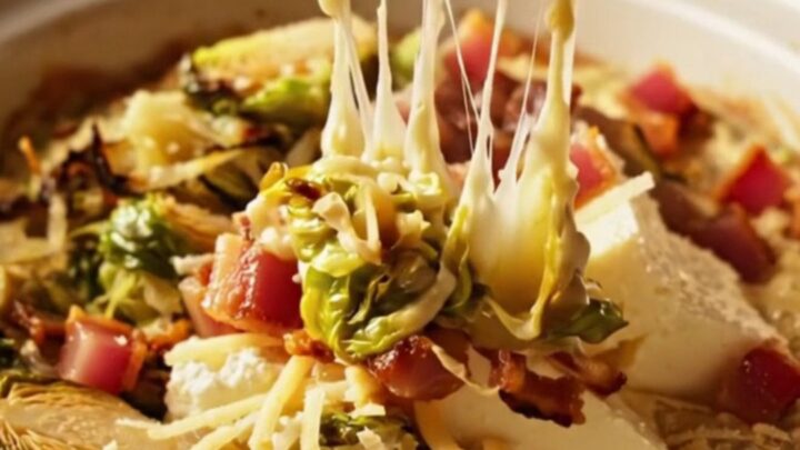A close-up shot of a creamy Brussels sprouts and pancetta dip in a white ceramic slow cooker with a crostini dipping in.