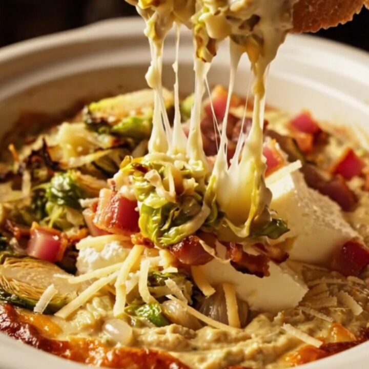 A close-up shot of a creamy Brussels sprouts and pancetta dip in a white ceramic slow cooker with a crostini dipping in.