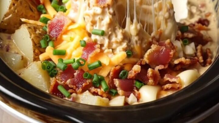 A creamy, molten baked potato dip in a black Crockpot, topped with fresh chives and crispy bacon.