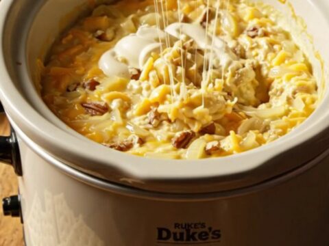 A warm, ivory ceramic slow cooker filled with creamy Vidalia onion dip, topped with toasted pecans and melted Swiss cheese.